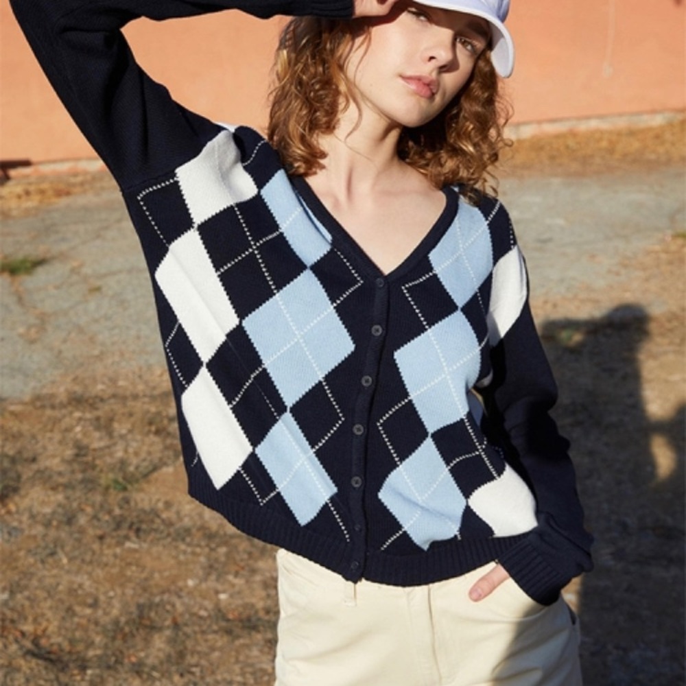 BRANDY Blue argyle cardigan